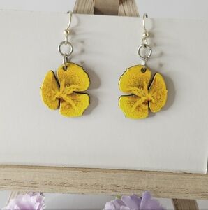 Handmade & Hand Painted Yellow Wooden Flower Dangle Sterling Silver Earrings
